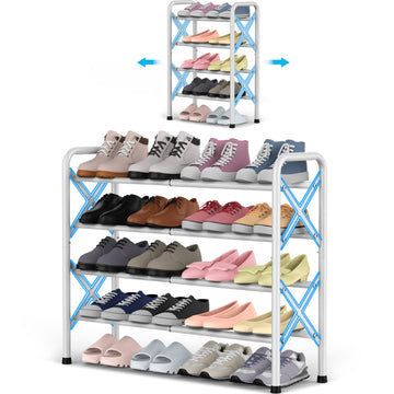 4-Tier Expandable Shoe Rack for Closet Floor, X-Frame - White
