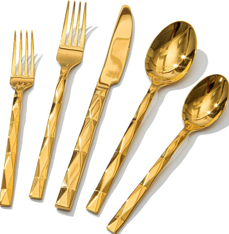 Gold Silverware Set, Luxury 20-Piece Flatware Set for 4, 18/10 Stainless Steel Cutlery Set with Diamond Cut Pattern