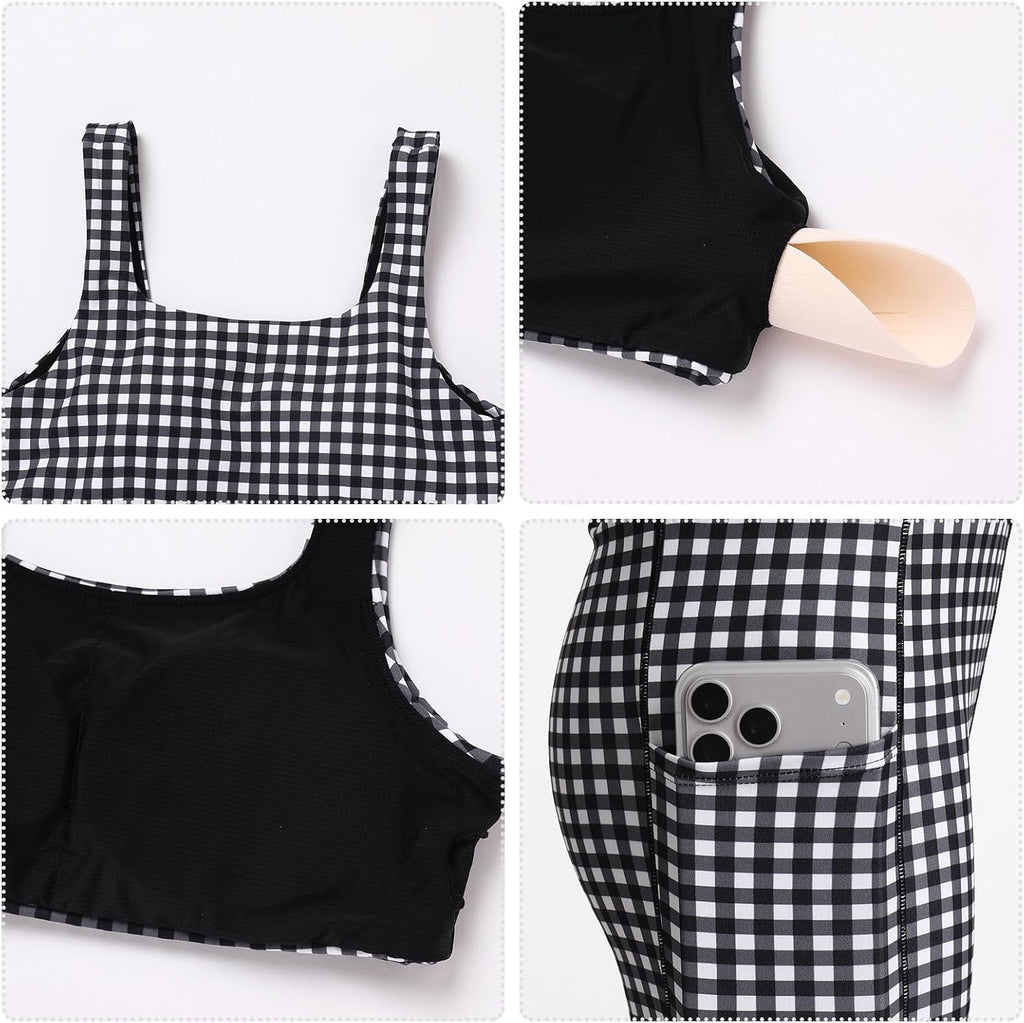 Girls Gingham Workout Set 2 Piece Athletic Dance Set for Kids Activewear