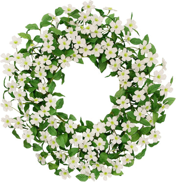 Artificial Eucalyptus Wreath for Front Door, 24 Inch Spring Summer Wreath with White Dogwood Flowers, All Season