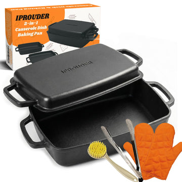 9x13 Inch Cast Iron Casserole Dish with Lid, 6.5 QT Pre-Seasoned Rectangular Dutch Oven, 2-in-1 Baking Pan with