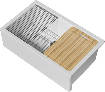 33 x 20 Inch Self-trimming Farmhouse Workstation Kitchen Sink White | Fireclay large single bowl apron front farm