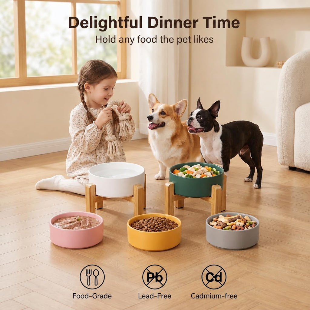 Ceramic Elevated Dog Bowl with Bamboo Stand, for Small & Medium Dog, White