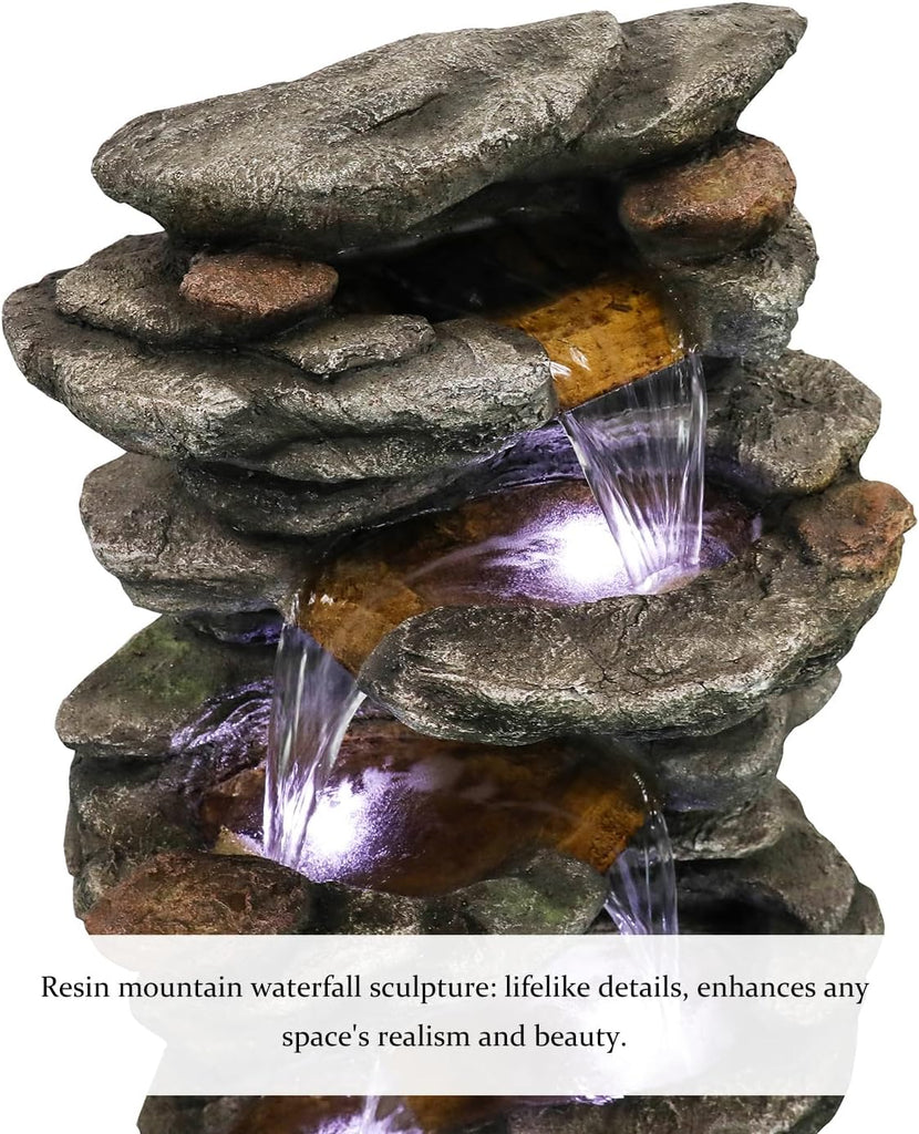 40" High 6-Tiers Cascading Rock Outdoor Water Fountain with LED Lights