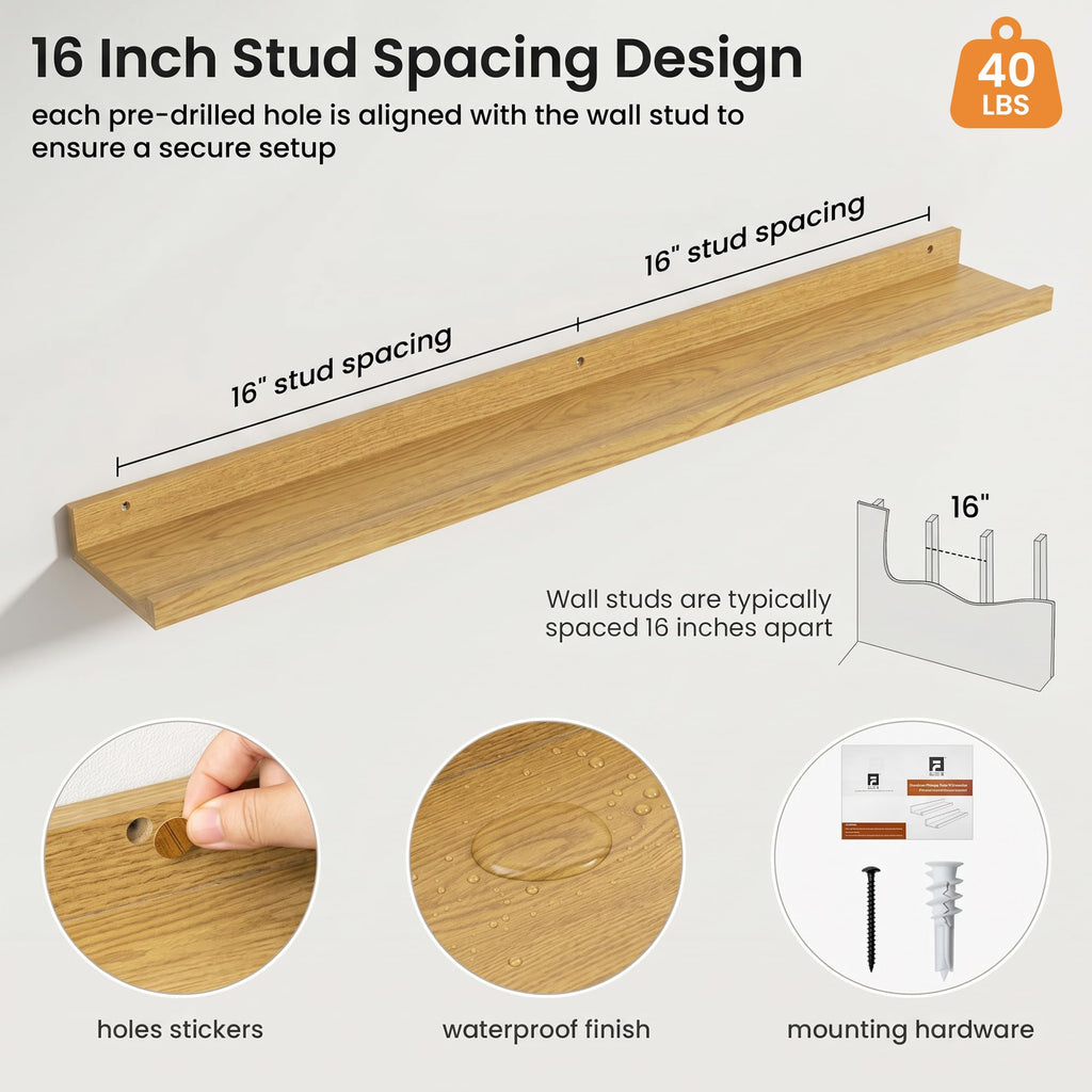 40 Inch Floating Shelves, Oak Picture Ledge Shelf Set of 4
