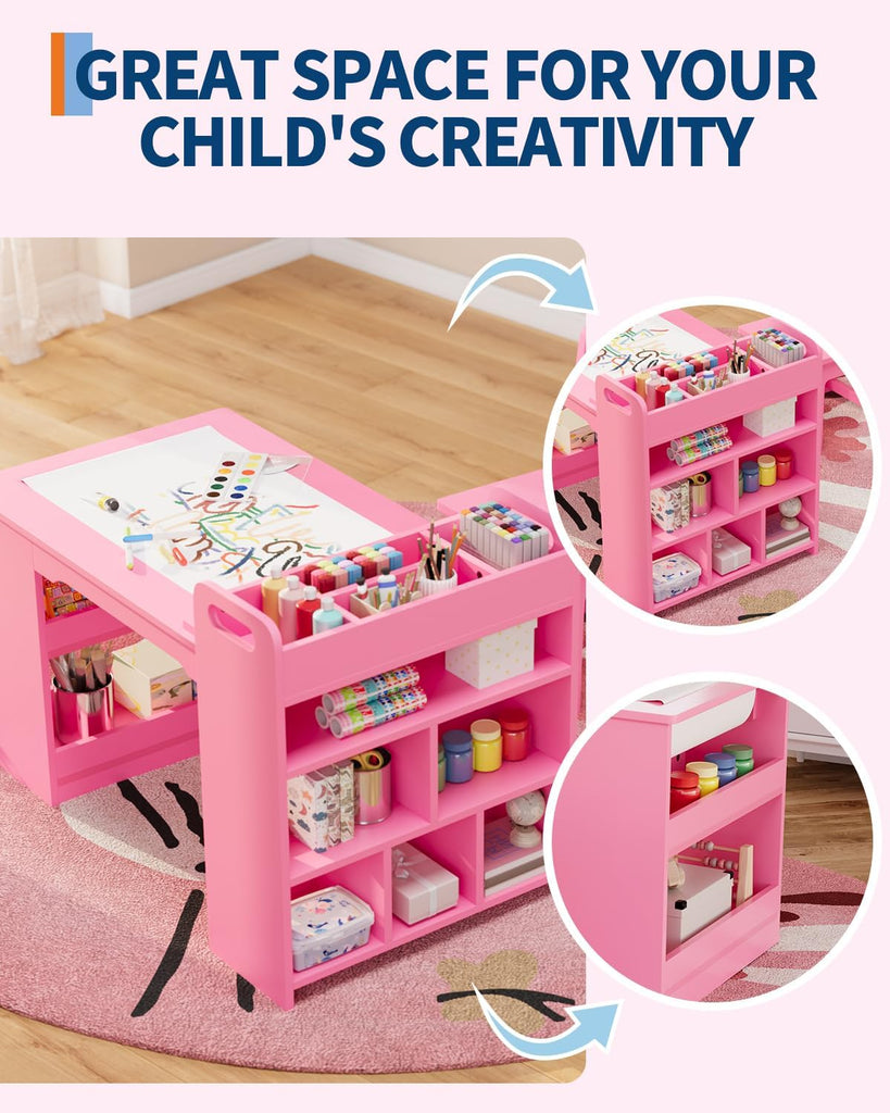 49'' Kids Art Table,Craft Desk with 2 Chairs & Storage Shelves