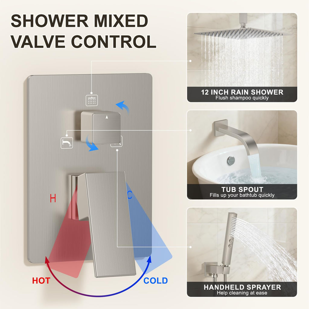 Shower System with Tub Spout, 12" Shower Head Bathtub Faucet Set