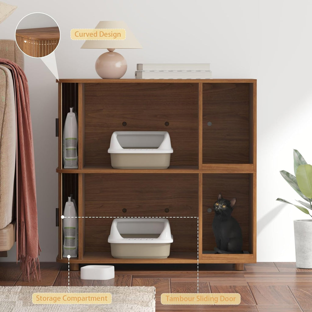 Double Cat Litter Box Enclosure with Sliding Doors & Ventilation, Walnut