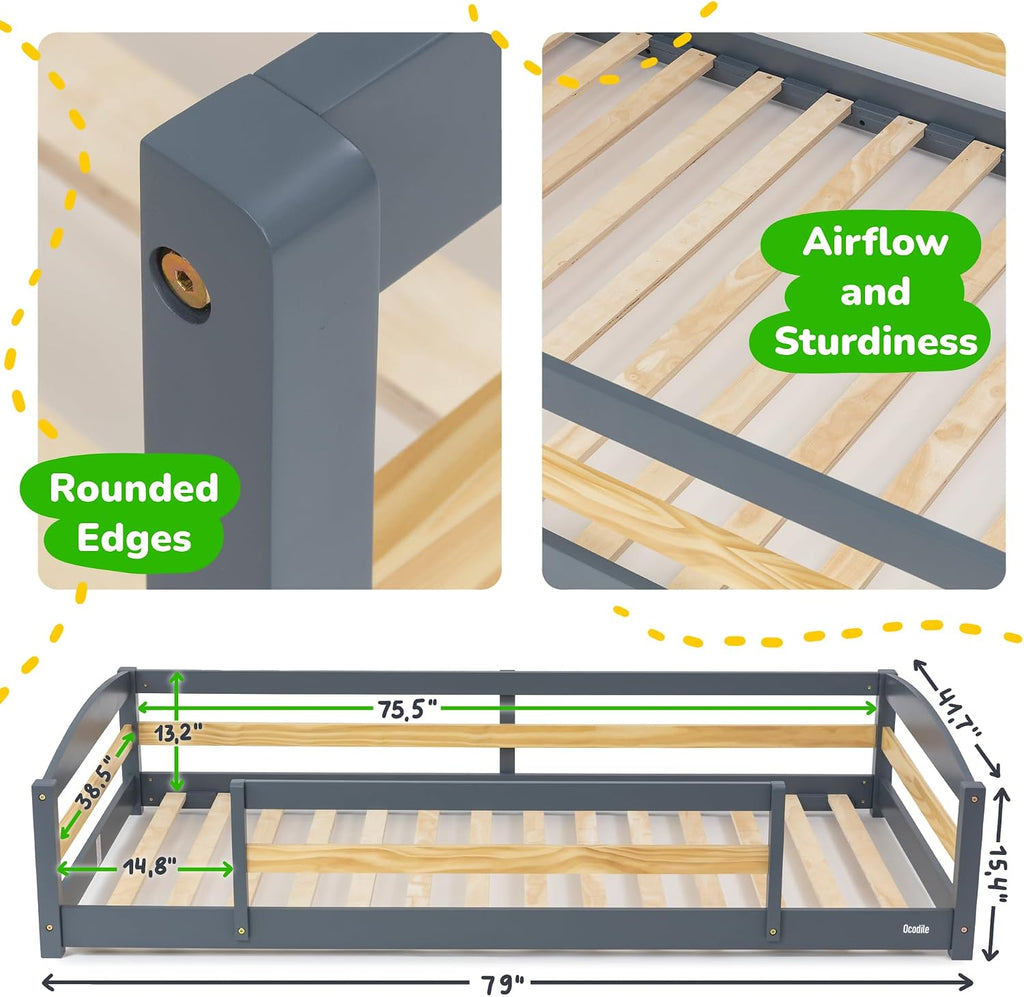 Twin Floor Bed with Safety Guardrails for Kids, Montessori Inspired with Rails and 2 Openings, Twin Size Bed Frame