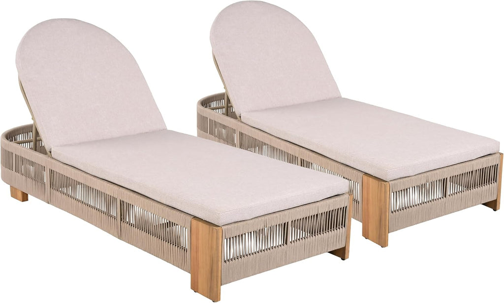 2-Piece Outdoor Chaise Lounge Chair with Adjustable Backrest & Waterproof Cushion - Acacia Wood Pool Sun Lounger