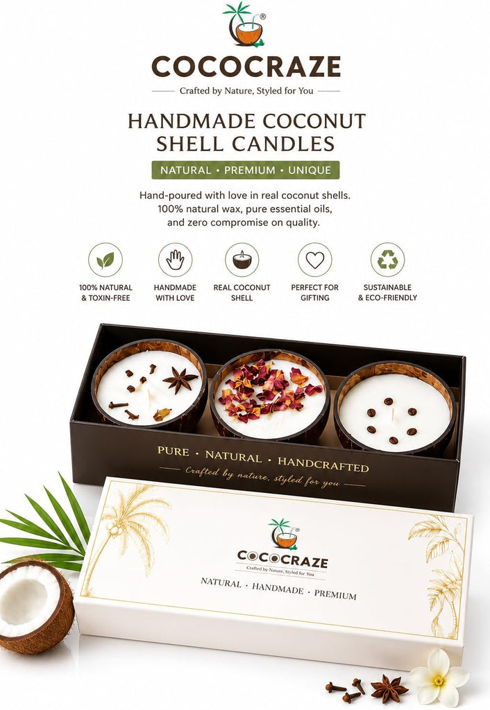 Coconut Shell Scented Candle Set, Roasted Coffee, Dark Rose, Apple Cinnamon, with Real Botanicals, Gift - Set of 3