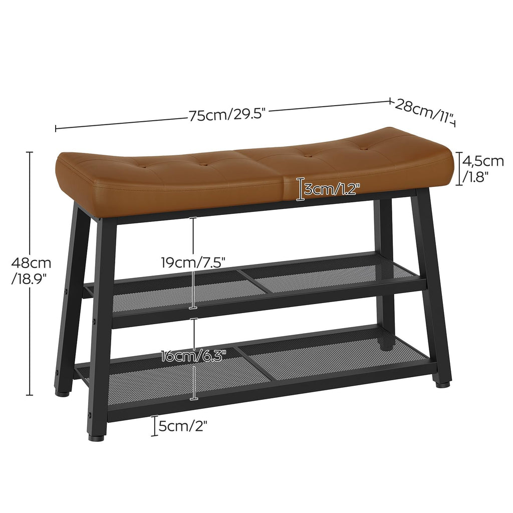 Shoe Bench, 3-Tier Shoe Rack, Entryway Bench with Storage and Cushion, Foyer, Bedroom, Brown and Black HX02BV