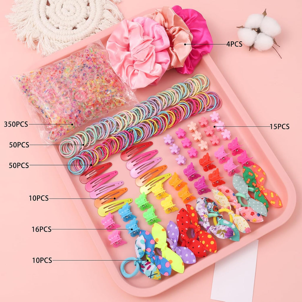 Hair Accessories Set for Girls,Toddler Colorful Elastic Hair Ties with Gift Box 505PCS, Cute Rabbit Ear Hair Ties