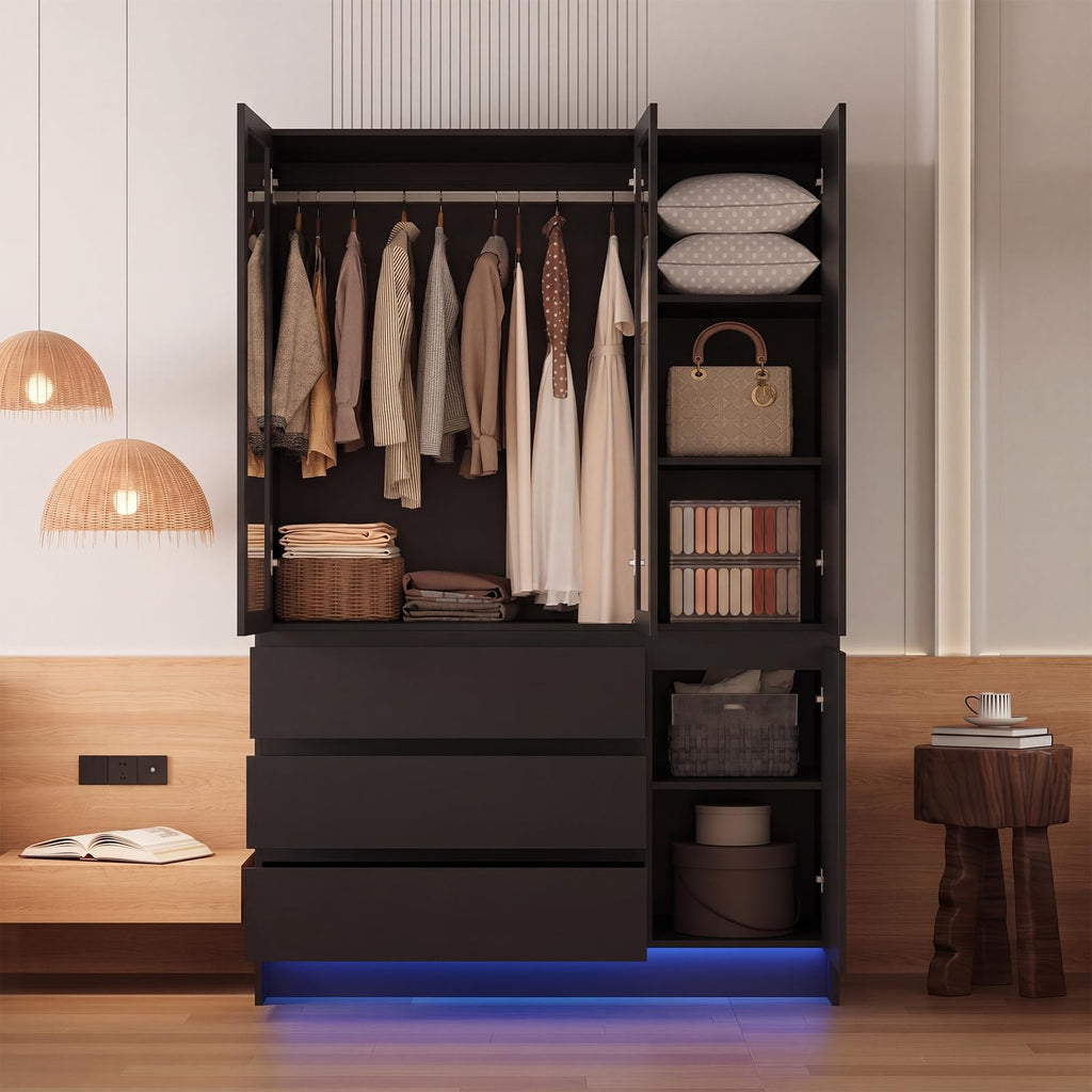 Armoire Wardrobe Closet with 4 Doors, Bedroom Armoire with Mirrors