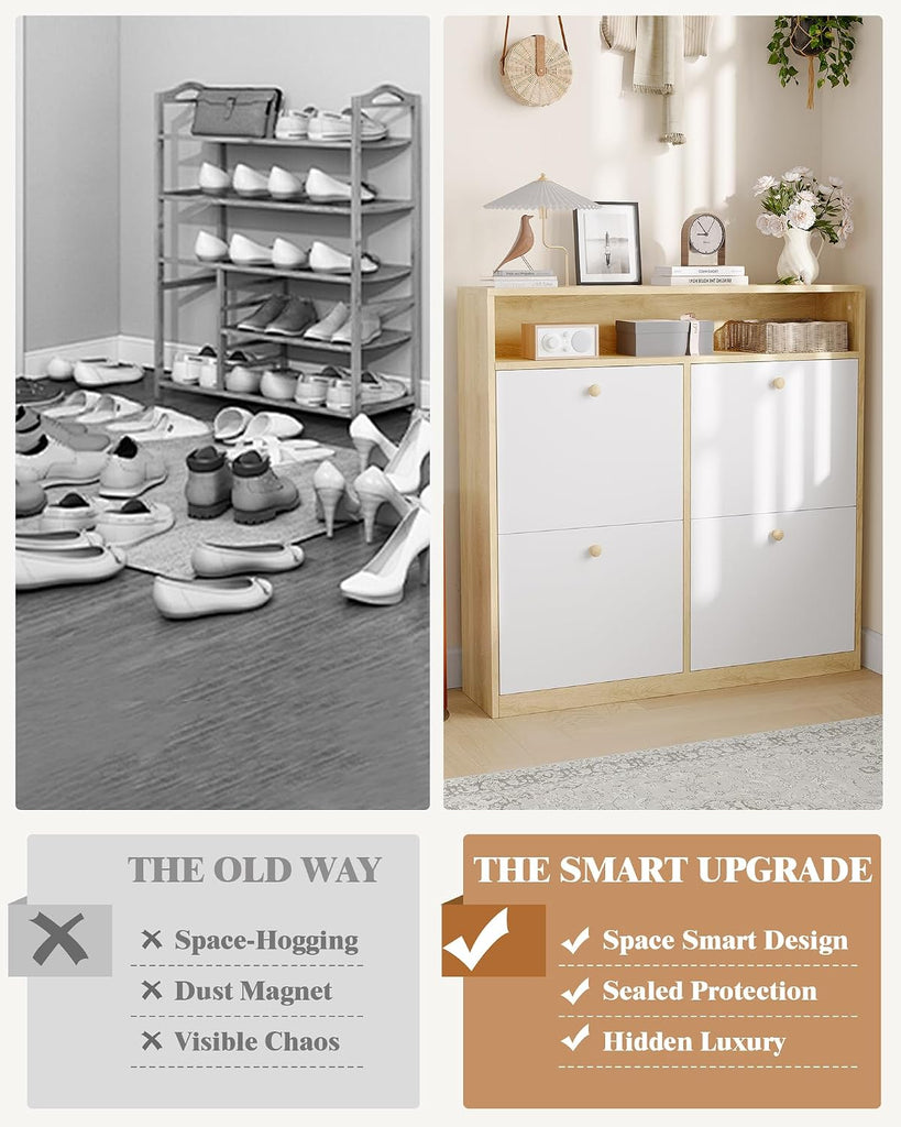 Narrow Shoe Cabinet with 4 Flip Drawers and Open Shelf, Freestanding Shoe Storage Cabinet , Compact Wooden Shoes