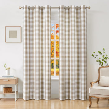Beige Buffalo Plaid Semi Sheer Grommet Curtains 84 Inch Length