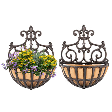 2PC Small Cast Iron Baskets, Heavy-Duty Wall Hanging Hollow Planter w/Fabric Liner, Antique Victoria Half Round Wall
