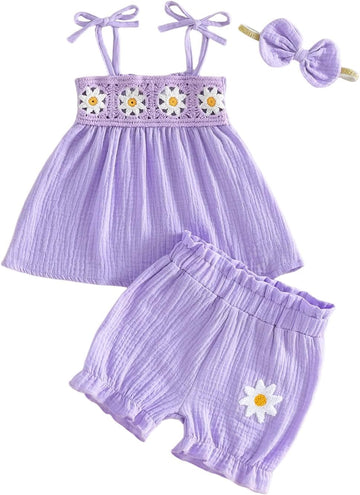 Baby Girl Summer 3 Piece Outfit Toddler Muslin Cotton Top Ruffle Bloomers Shorts Bow Headband Cute Embroidered Set