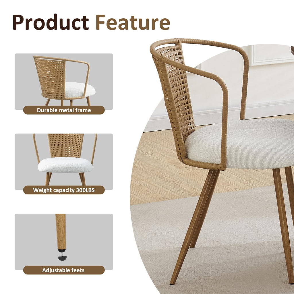 Rattan Dining Chairs, Upholstered Boucle Cushion with PE Cane Wing Back Kitchen Chair, Modern Dining Room Chair with