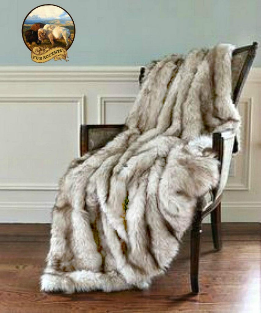 Arctic Fox Throw Blanket, White with Black Tips, Luxury Faux Fur, Bedspread, Comforter, Coverlet, Duvet, Luxury Fur