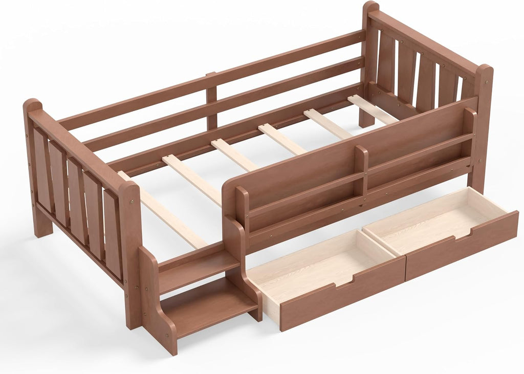 Floor Bed with Storage Bookcase and Drawers, Solid Wood Platform Bed with Guardrails, Cute Stair Design, Low