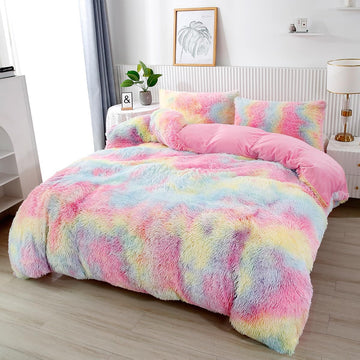 Pink Plush Shaggy Bedding Sets Full 3 Piece Fluffy Faux Fur Girls Comforter Set Soft Tie Dye Velvet Furry Rainbow