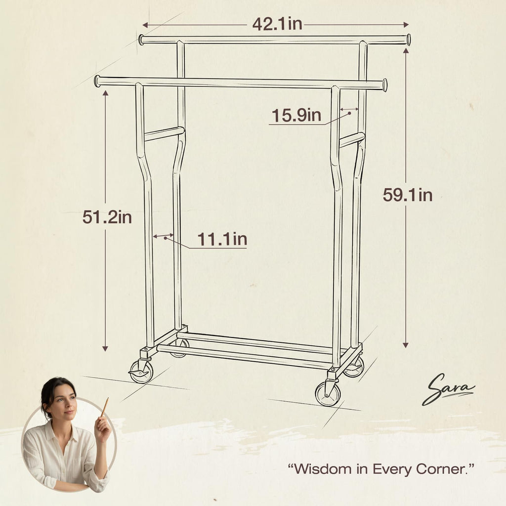 Clothes Rack, Double Rods Rolling Clothing Rack for Hanging Clothes Load 260 LBS Closet Rack with Wheels, Metal