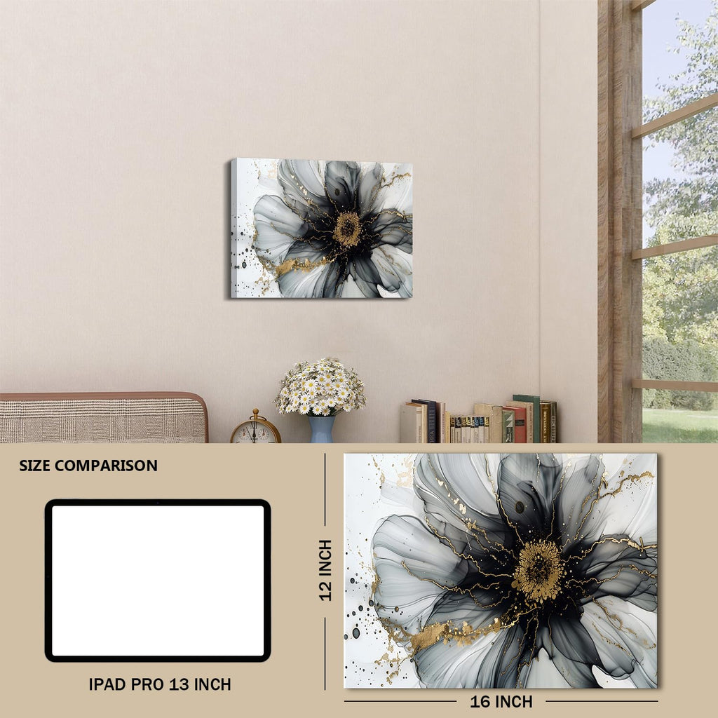 Black and White Gold Abstract Wall Art Modern Wall Decor Marble Flower Fluid Picture Canvas Prints Living Room