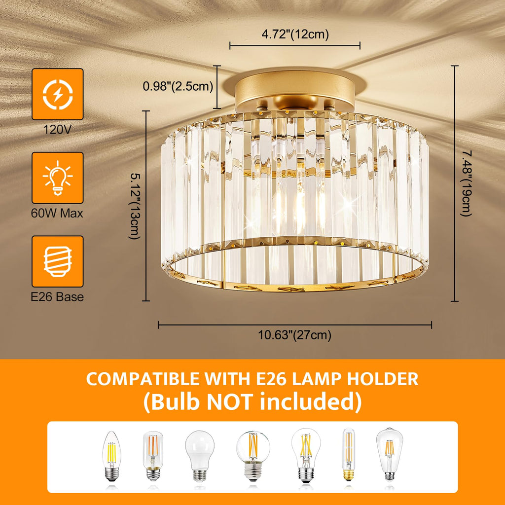 Crystal Gold Semi Flush Ceiling Light 10.63 Inch