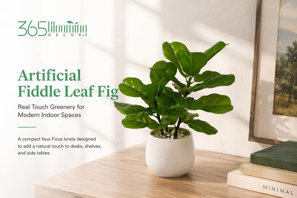 18" Artificial Fiddle Fig Plant in White Modern Pot, Real Touch Ficus Lyrata with Natural Pebbles, Faux Indoor