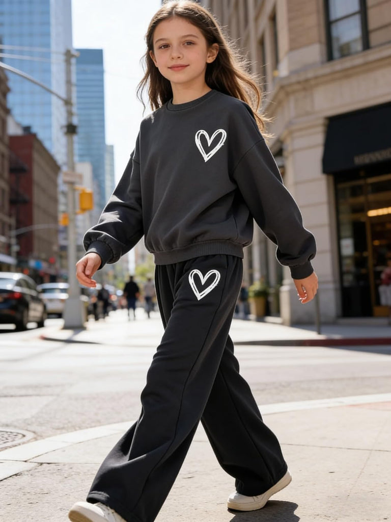 Clothes Tracksuit Set Sweatshirt & Wide Leg Pants with Heart Print Casual Outfit
