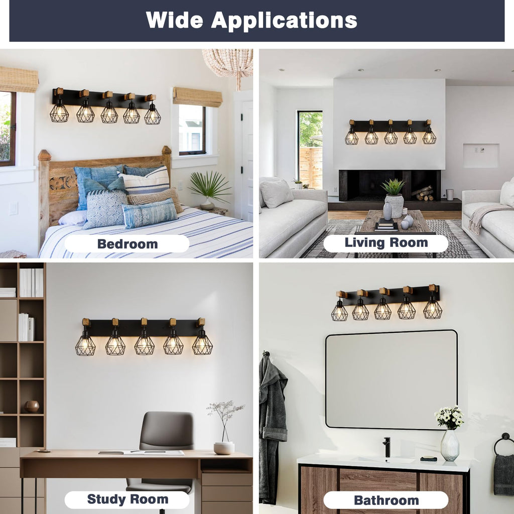 5 Light Bathroom Vanity Light, Farmhouse Black Fixture Over Mirror