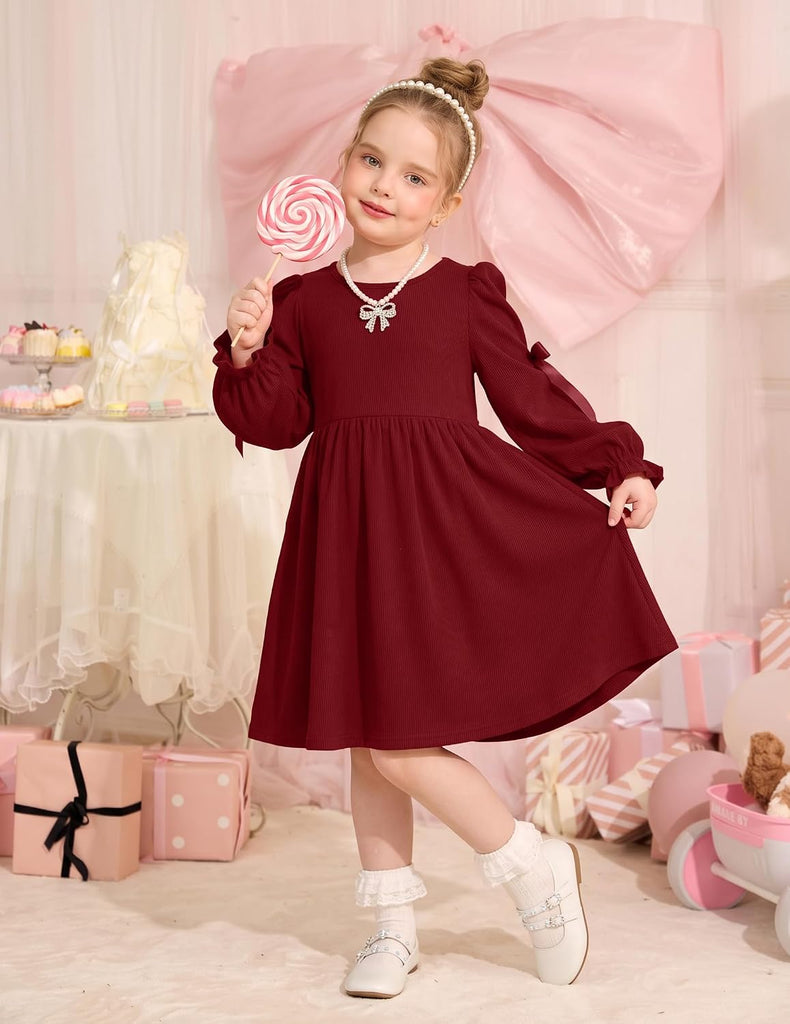 Toddler Girls Puff Long Sleeve Bowknot Fall Winter Party Dress