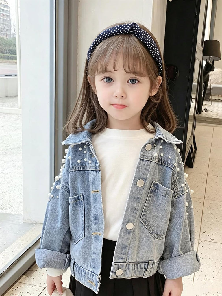 Girls Pearl Embellished Denim Jacket Button Jean Outerwear