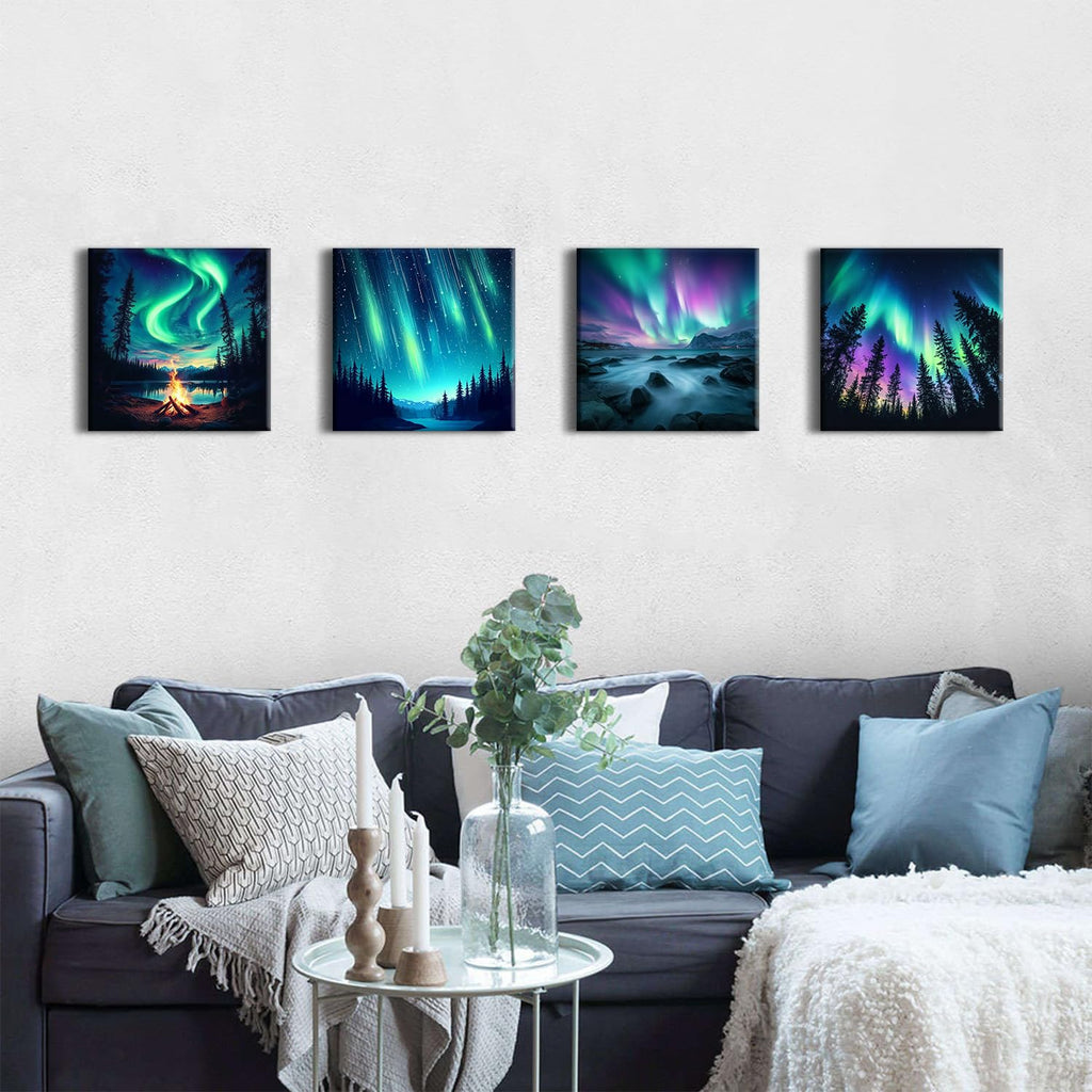 Northern Lights Wall Art Aurora Mountain Scenery Pictures Wall Decor Colorful Forest Landscape Canvas Prints