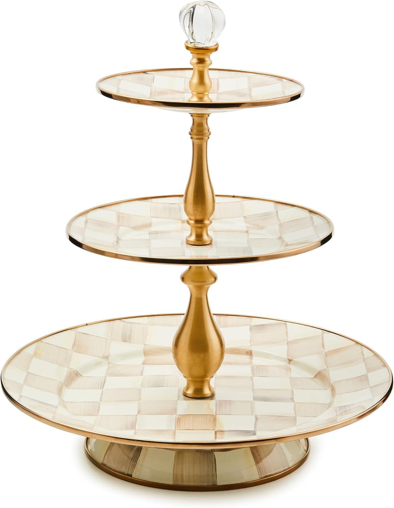 Three-Tier Sweet Stand, Brown-and-White Mocha Check | Hand-painted design, made from enameled steel, three-tiered