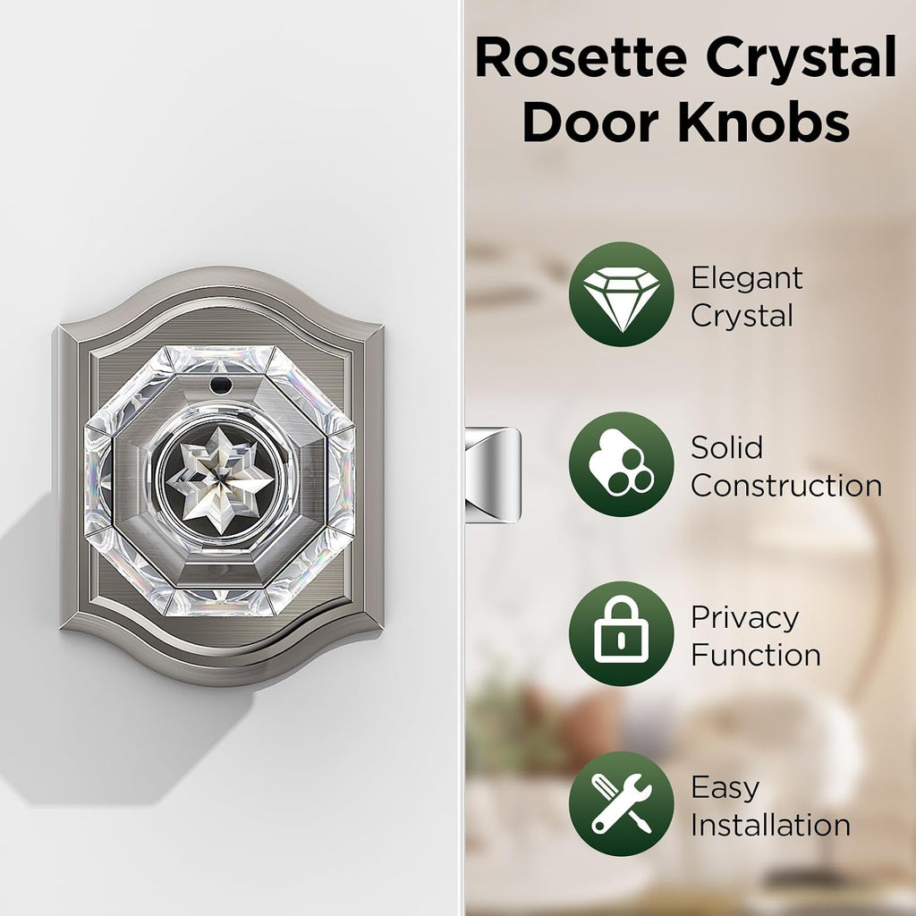 3 Pack Glass Door Knob, Octagon Shaped Crystal Door Knobs with Lock, Satin Nickel Door Knobs Interior Glass