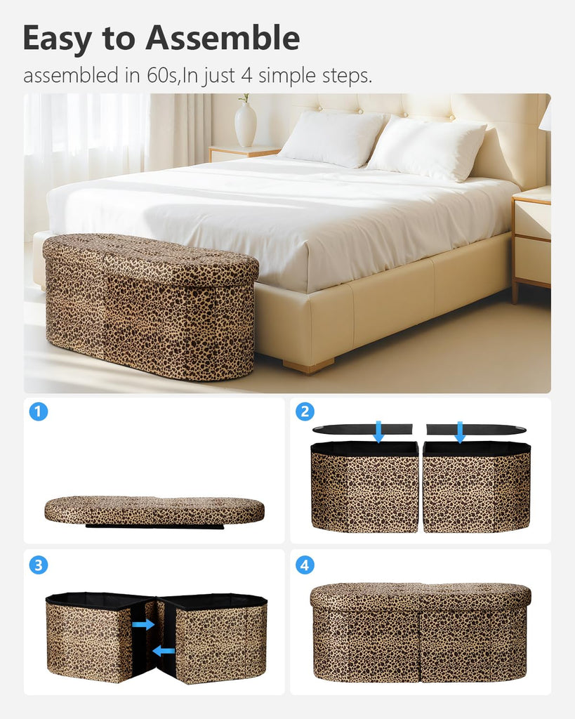 Oval Ottoman Storage Bench, 34" Leather Folding Chest, Leopard