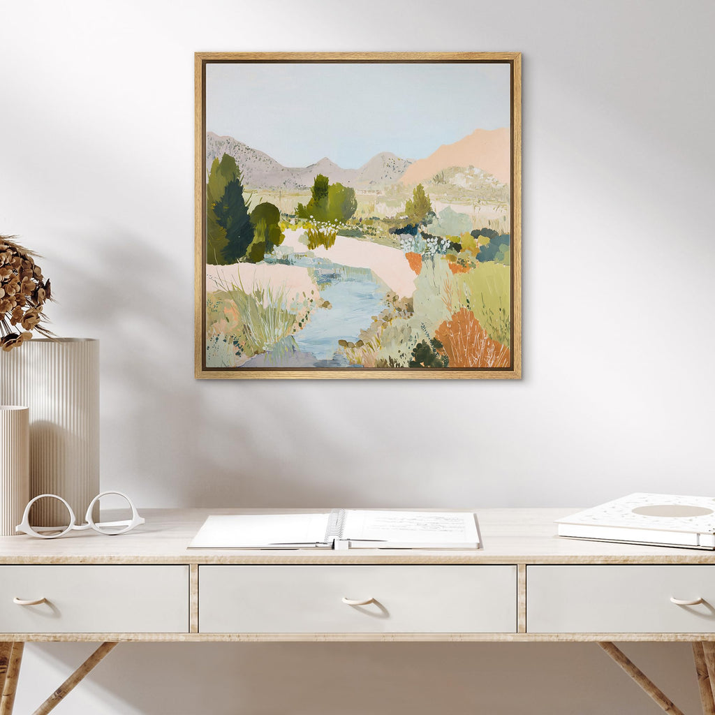 Framed Canvas Print Wall Art Modern Impressionist Countryside Stream Illustrations Fine Art Country Minimal - 24"x24"