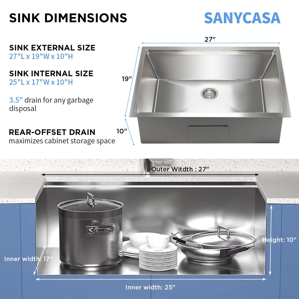 27 Inch Undermount - 11 Gauge (3mm) Stainless Steel, Single Bowl with Integrated Ledge, Superior Drain Design