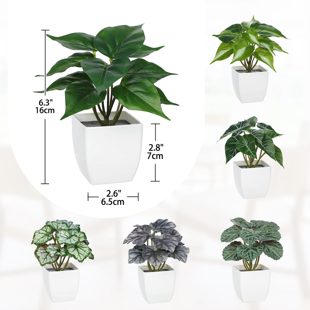 6PCS Fake Plants Potted Artificial Plants, Mini Faux Plants in White Pots Greenery Décor Table Shelf Bathroom