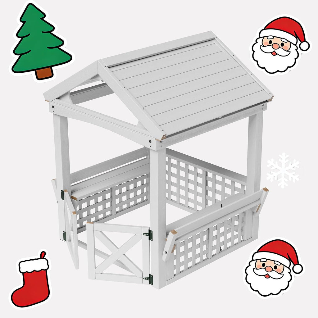 Large Outdoor Wooden Playhouse for Kids Ages 2-8 Waterproof White Playhouse with Built-in Bench & Door 52" x44"