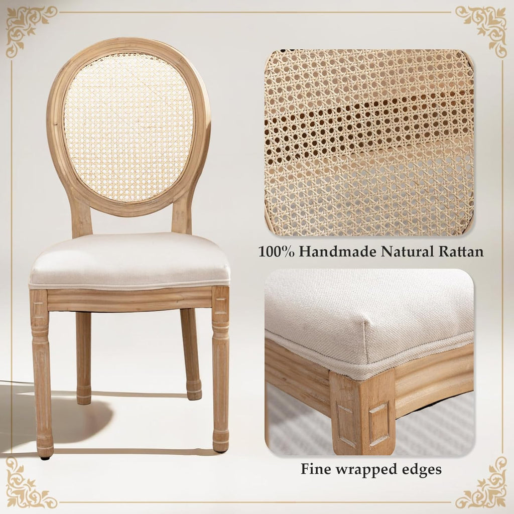 French Country Dining Chairs Set of 2, Farmhouse Rattan Dining Chairs with Round Back and Wood Legs for Kitchen or Bedroom, Beige