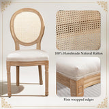 French Country Dining Chairs Set of 2, Farmhouse Rattan Dining Chairs with Round Back and Wood Legs for Kitchen or Bedroom, Beige