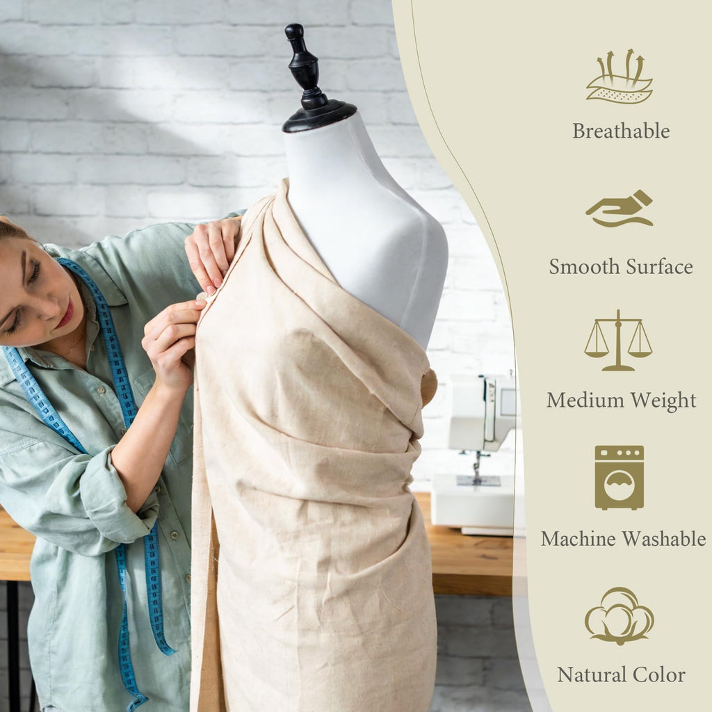 100% Cotton Fabric, 63 in x 1.3 Yard Unbleached Muslin Fabric, Medium Weight Linen Fabric By The Yard for Sewing