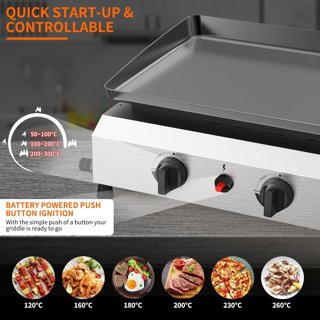 3-Burner Outdoor Propane Gas Griddle, 23.3-Inch Flat Top Grill, 30,000 BTU Portable Camping Griddle