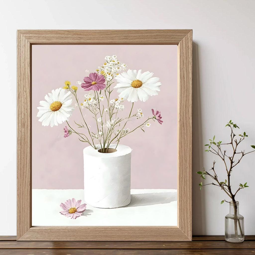 Framed Pink Bathroom Wall Art Funny Toilet Paper with Floral Restroom Decor