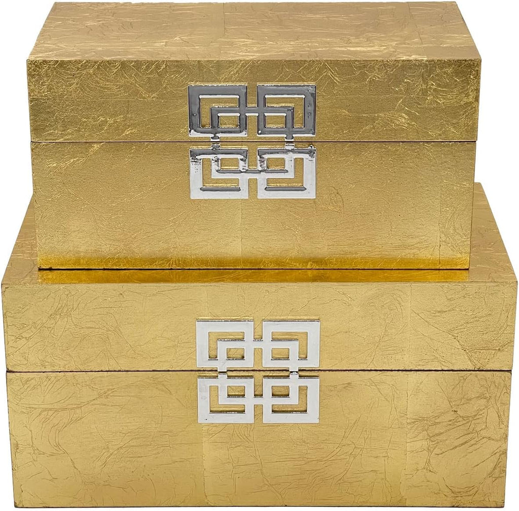 Storage Box Set Decorative Storage Box w/Hinged Lid Classic Design Wood Decor Boxes with Geometric Clasp Storage - Set of 2