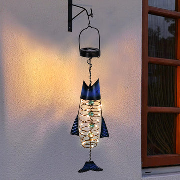 Patio Deals Solar Lanterns Outdoor Waterproof, Fish Lantern Lights, Metal Hanging Garden Decor & Yard, Gifts for
