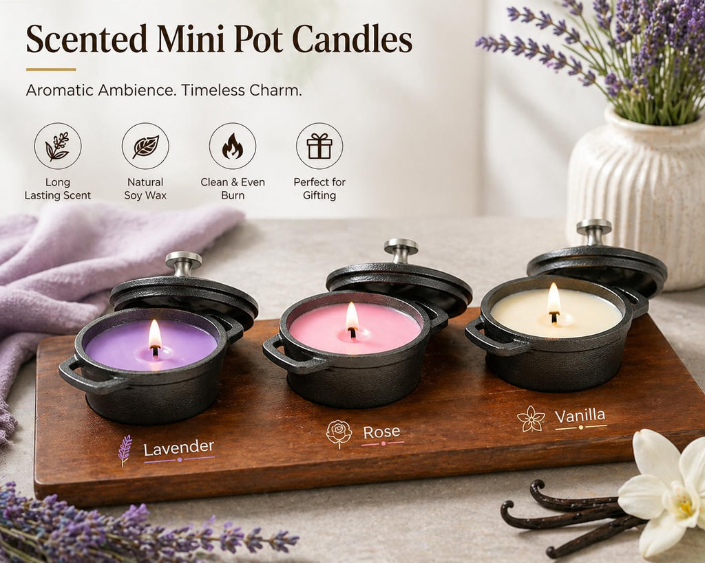 Mini Cast Iron Cocottes, Dia 3 inch, 4 oz. Set of 3 PCS, Mini Dutch Oven, with Wooden Tray, 7-Piece